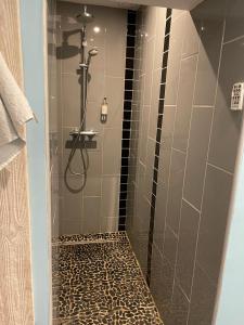 y baño con ducha y suelo de baldosa de leopardo. en Le cèdre bleu, en Liévin
