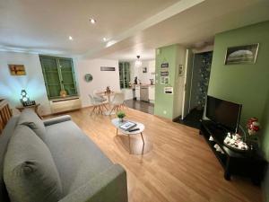 a living room with a couch and a tv at Gite LA VUE LOIRE Appartement in Saint-Denis-de lʼHôtel