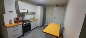 a small kitchen with white cabinets and a black stove at DALLAS Apartament 31 in Vulcan