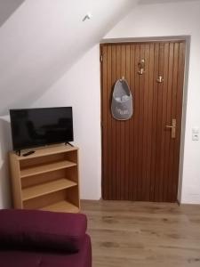 ein Wohnzimmer mit einem TV und einer Holztür in der Unterkunft Apartment Moser in Lutzmannsdorf