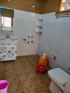 a bathroom with a toilet and a sink at Pyare Cafe Cottages And Tents in Gushaini