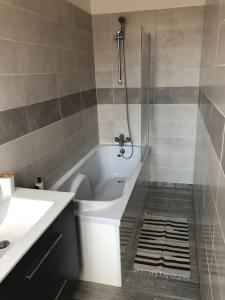 een badkamer met een bad, een wastafel en een douche bij L'Ecrin de Lena in Épernay