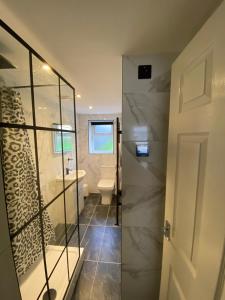 a bathroom with a shower and a toilet and a sink at The Cwtch, Log Fire, Sleeps 5, Nr Zip World, Brecon and Bike Park Wales in Aberdare
