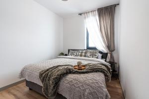 a bedroom with a bed with a blanket and a window at Apartamenty Przełom Białki - plac zabaw, wiata grillowa in Białka Tatrzanska