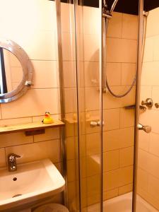 um chuveiro com uma porta de vidro na casa de banho em beans parc hotel jade em Wilhelmshaven