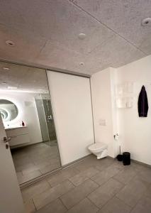 a bathroom with a toilet and a shower at Luxury New Cozy and Quietly 95m2 in Tórshavn
