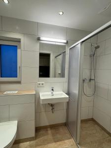 uma casa de banho com um lavatório, um chuveiro e um WC. em SKILL Mountain Lodge - Ski und Bike Hostel inklusive JOKER CARD em Saalbach-Hinterglemm