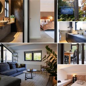 eine Collage mit Fotos von einem Wohnzimmer und einem Haus in der Unterkunft Huusje21 in Nunspeet