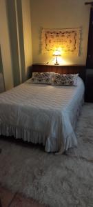 a bedroom with a white bed with a lamp on it at Guesthouse Filokalia in Portaria