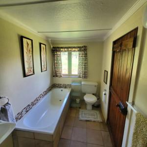 a bathroom with a bath tub and a toilet at Walkers Peak Cottage in Underberg