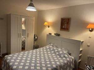 - une chambre avec un lit et une couverture en damier dans l'établissement Appartements RESIDILAVERDE Hypercentre, à Grenoble
