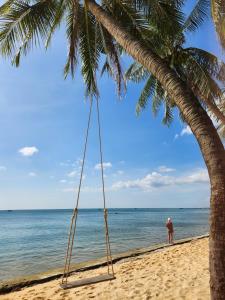 a swing hanging from a palm tree on a beach at Mi Amor Vacation Home - A Private Big House with 2 separate Bedrooms, Central Location, Fully Furnished, Only 5 Minutes To The Beach in Phú Quốc