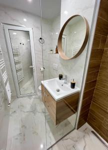 a bathroom with a sink and a shower and a mirror at MarbleHome~Straja/Lupeni in Lupeni