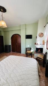 1 dormitorio con 1 cama grande y chimenea en Guesthouse Filokalia, en Portaria