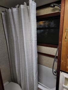 a bathroom with a toilet and a shower curtain at Comfy Canal Boat in London Centre Family & Friends in London
