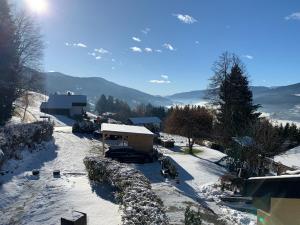 a snow covered yard with a building and a mountain at Haus Lasaun in Bressanone