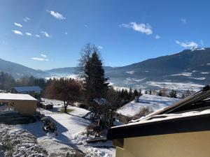 a snow covered roof of a house with mountains in the background at Haus Lasaun in Bressanone