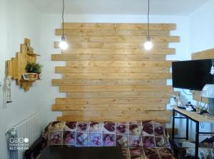 a wooden wall in a room with a couch at Alloggio turistico Fiocco di Neve Cod reg 27059 in Filettino