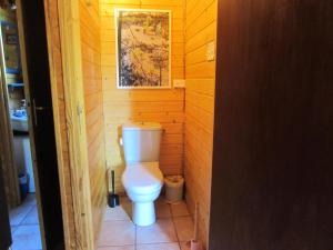 a bathroom with a toilet in a wooden wall at LES CHALETS DE LA VIGNE GRANDE in Saint-Floret