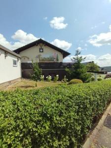 a house with a hedge in front of a house at Haus Kellerwald - Ferienwohnung Kellerwald-Edersee in Jesberg