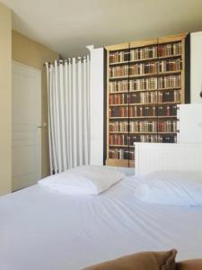 - une chambre avec un lit et une étagère avec des livres dans l'établissement L'Appart Vue Mer, à La Rochelle