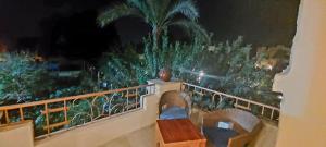 a balcony with a bench and a palm tree at night at palm shadow resort in Tunis