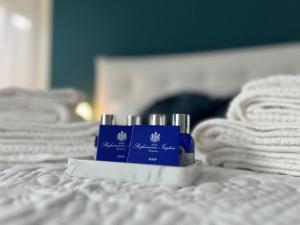Una botella de pasta de dientes sentada en una cama con toallas en Casa Del Caval Bianco, en Venaria Reale