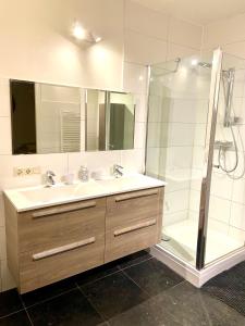 uma casa de banho com um lavatório e um chuveiro em Appartement Bloem em Zandvoort