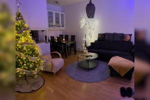 ロヴァニエミにあるLapland city apartmentのリビングルーム(クリスマスツリー、ソファ付)