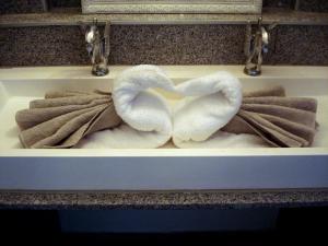 two swans sitting in a bathroom sink with towels at Fewo Meissen in Meißen