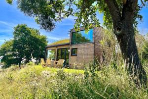 a small wooden cabin with a glass roof at Tinyhouse Minimalus Panorama Schlafloft im Grünen in Dessighofen