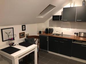 a kitchen with black cabinets and a white counter top at Appartment Viola in Brüggen