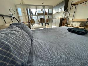 a bedroom with a bed with a blue plaid at Escapade Ticino in Neggio