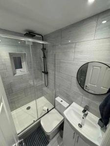 a bathroom with a shower and a toilet and a sink at Modern 5 Bed near ExCel -Big Ben in London