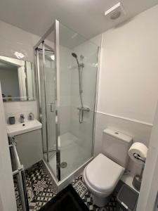 a bathroom with a shower and a toilet and a sink at Lovely Town house Room 4 in Parkside