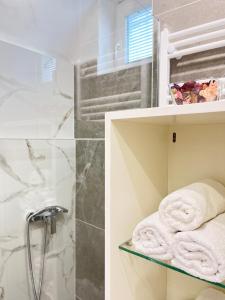 a bathroom with a shower and towels on a shelf at Under Castle Apartment in Ljubljana