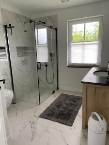 SehlenにあるFerienwohnung Feldblickのシャワーとトイレ付きのバスルーム