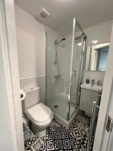 a bathroom with a toilet and a glass shower at Lovely Town house Room 5 in Parkside