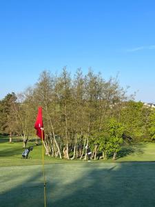 una bandera roja en medio de un campo de golf en Riverside en Raheelan