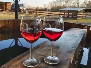twee glazen rode wijn zittend op een houten tafel bij Józsa Tanya in Cegléd