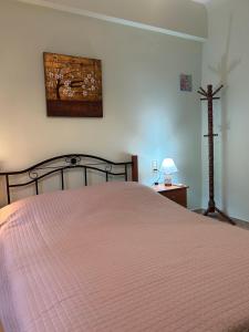 sypialnia z łóżkiem z różową narzutą w obiekcie Ambracian Gulf Comfort House w mieście Menídion