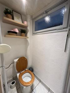 a small bathroom with a toilet with a wooden seat at CICONIA : CENTRE-VILLE MULHOUSE, PARC NOUVEAUX BASSINS A PROXIMITE in Mulhouse