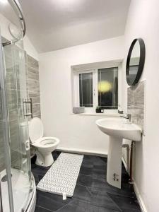 a bathroom with a sink and a toilet and a mirror at Brook Meadow Entire Home Stay in Birmingham