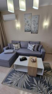Sea Dreams Sunrise Apartment في سفيتي فلاس: غرفة معيشة مع أريكة زرقاء وطاولة قهوة