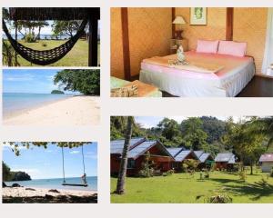 eine Collage mit Bildern eines Resorts mit einem Bett und einem Strand in der Unterkunft Libong Garden Beach in Ko Libong