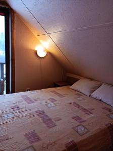 uma cama num quarto com uma luz no tecto em Mežvītoli em Mercendarbe