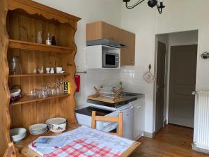 a kitchen with wooden cabinets and a stove top oven at Les Montagnettes in Le Mont-Dore