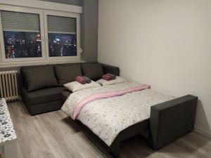 a bedroom with a bed and a couch and a window at Apartman Ćetojević in Banja Luka