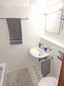 a bathroom with a sink and a toilet and a mirror at Studio Apartment in Stuttgart