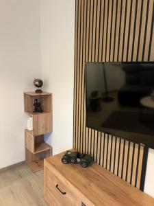 TV de pantalla plana sobre una mesa de madera en Top of Hostel & Serviced Aparts Deluxe Maisonette-Apart Fürth, en Fürth